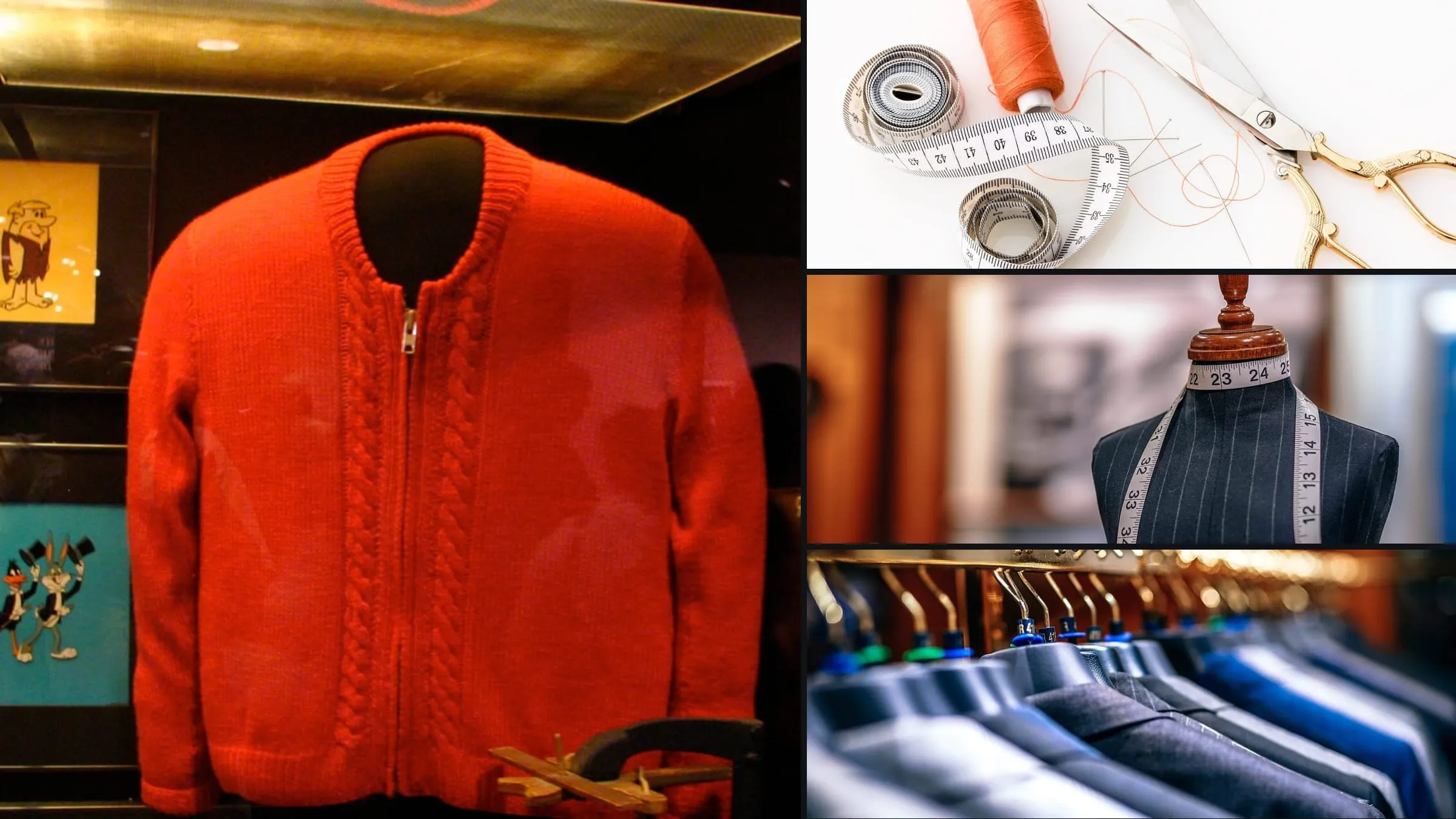 A banner of four photographs: a red knitted jacket on a shop dummy, tailor’s measuring tools on a white surface, a tailors’ mannequin with a tape measure and shirts on a rail